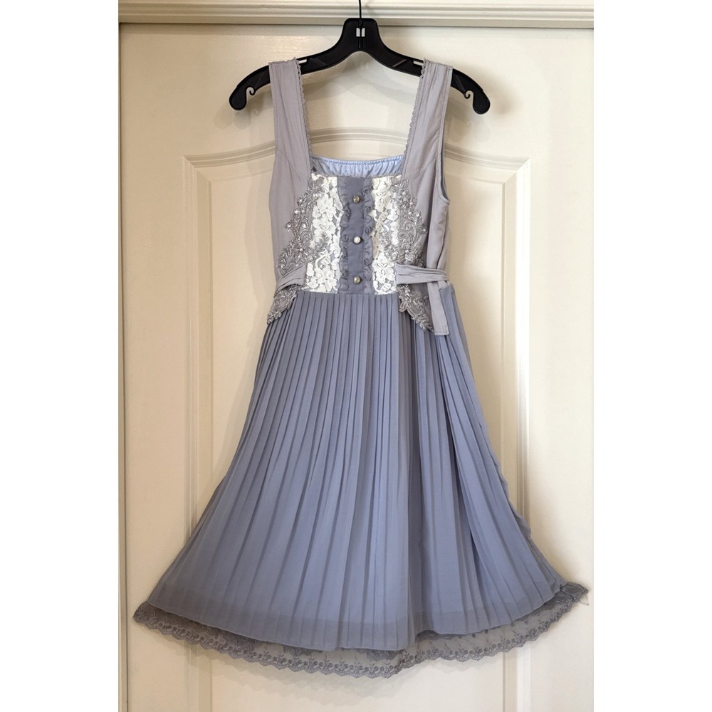 Axes‎ Femme Gray Chiffon Lace Floral Appliques Pleated Knee Length Belle Japan